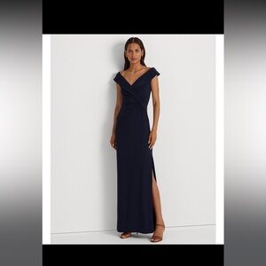Ralph Lauren Portrait Collar Cap Sleeve Crepe Sheath Gown Navy Blue
